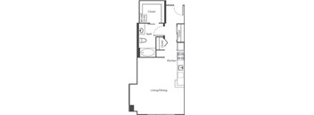 A floor plan of a small apartment with a living/dining area, kitchen, and bathroom.
