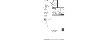 A floor plan of a small apartment with a kitchen, bathroom, and living/dining area.