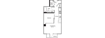 A floor plan of a small apartment with a living/dining area, kitchen, bedroom, and bathroom.