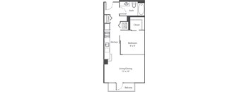 A floor plan of a small apartment with a bedroom, living/dining area, kitchen, and bathroom.