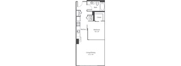 A floor plan of a small apartment with a living/dining area, kitchen, and bedroom.