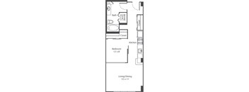 A floor plan of a small apartment with a bedroom, living/dining area, kitchen, bathroom, and closet.