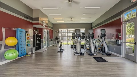 A gym with a variety of exercise equipment and a green exercise ball.