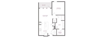 A floor plan of a house with a living room, kitchen, bathroom, and bedroom.