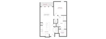 A floor plan of a home with a balcony, living room, kitchen, bathroom, and bedroom.