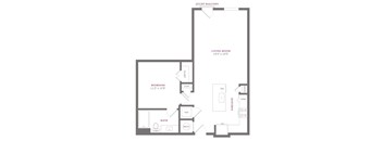 A floor plan of a Juliet Balcony apartment with a living room, bedroom, bathroom, and kitchen.