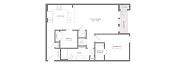 A floor plan of a house with a living room, office, and bathroom.