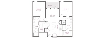 A floor plan of a home with a balcony, living room, dining room, kitchen, two bathrooms, and two walk-in closets.