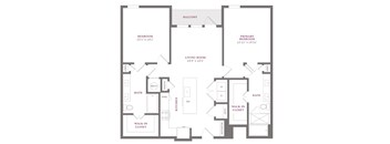 A floor plan of a home with a living room, two bedrooms, a balcony, and a walk-in closet.