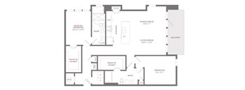 A floor plan of a house with a primary bedroom, a dining room, a living room, a kitchen, a walk-in closet, a red room, and a balcony.