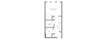 A floor plan of a bedroom/living room sized at 144"x 12" with a walk-in closet, bathroom, and kitchen.