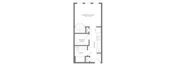 A floor plan of a bedroom/living room sized at 144"x 12" with a walk-in closet, bathroom, and kitchen.