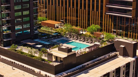 A rooftop garden with a pool surrounded by buildings.