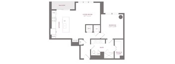 A floor plan of a home with a living room, bedroom, and bathroom.