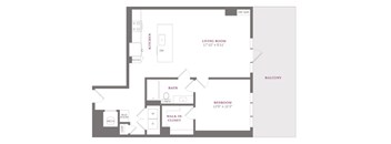 A floor plan of a home with a living room, kitchen, bath, bedroom, and walk-in closet.