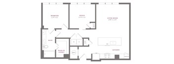 A floor plan of a house with a bedroom, office, living room, bathroom, walk-in closet, kitchen, and pantry.