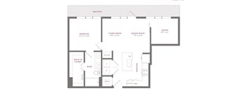 A floor plan of a house with a balcony and a kitchen.
