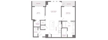 A floor plan of a house with two balconies, a living room, a bedroom, a bath, and a kitchen.