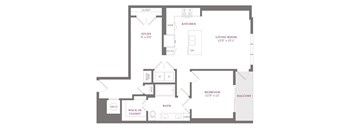 A floor plan of a house with a living room, kitchen, study, bedroom, bathroom, and walk-in closet.
