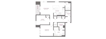 A floor plan of a home with a living room, kitchen, office, bedroom, and bathroom.