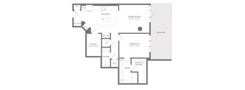 A floor plan of an apartment with a living room, office, and bathroom.