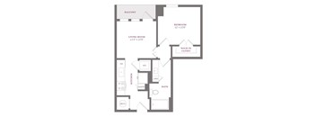 A floor plan of a house with a living room, kitchen, bathroom, and bedroom.