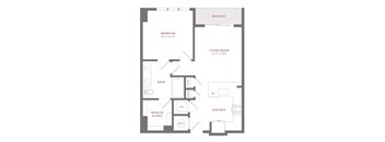 A floor plan of an apartment with a bedroom, living room, kitchen, bath, and walk-in closet.