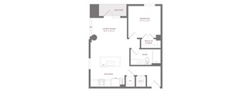 A floor plan of a house with a balcony, living room, bedroom, bath, and kitchen.