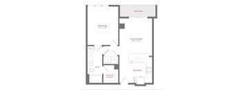 A floor plan of an apartment with a bedroom, living room, kitchen, and bathroom.