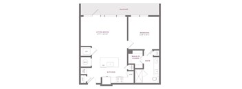 A floor plan of an apartment with a living room, bedroom, kitchen, and bathroom.