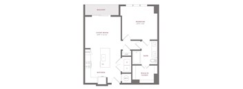 A floor plan of a house with a balcony, living room, kitchen, bath, and walk-in closet.