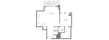 A floor plan of a home with a living room, bedroom, kitchen, and bathroom.