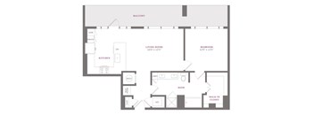 A floor plan of a home with a living room, bedroom, kitchen, and bathroom.
