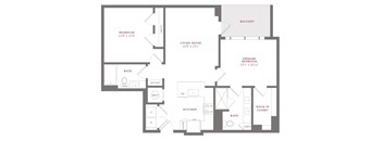 A floor plan of a house with a living room, two bedrooms, a bathroom, a kitchen, a walk-in closet, and a dry bar.