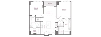 A floor plan of a house with a balcony, two bathrooms, a kitchen, and two bedrooms.
