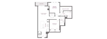 A floor plan of a home with a living room, kitchen, two bathrooms, and a balcony.