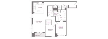 A floor plan of a house with a living room, kitchen, two bathrooms, and two bedrooms.