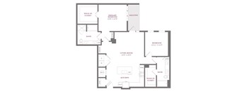 A floor plan of a house with a living room, two bedrooms, a balcony, and a bathroom.