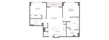 A floor plan of a house with a living room, two bedrooms, a bathroom, a kitchen, and a walk-in closet.
