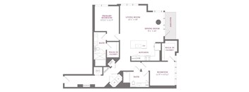 A floor plan of a house with a living room, dining room, kitchen, and three bedrooms.