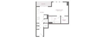 A floor plan of a home with a balcony, kitchen, bathroom, and bedroom.