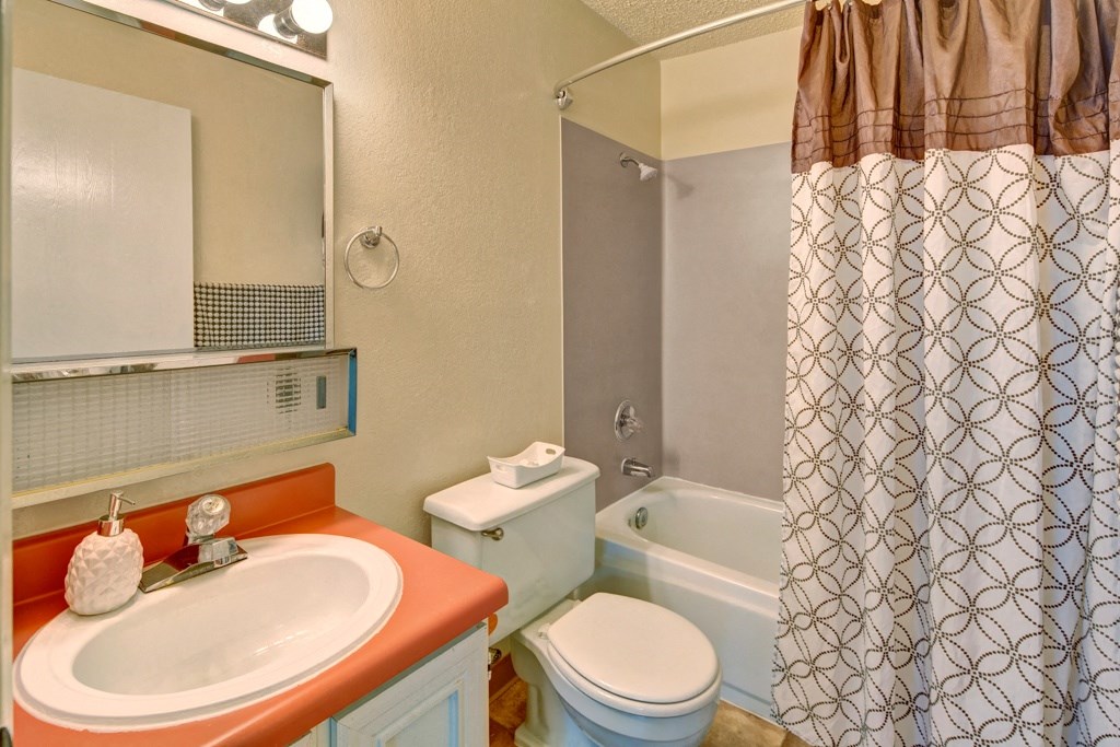 Compact bathroom here at Quiet Creek Apartments with red countertop, white sink, and decorative soap dispenser. White toilet next to a tub with a patterned shower curtain. Bright lighting conveys a clean and cozy atmosphere.