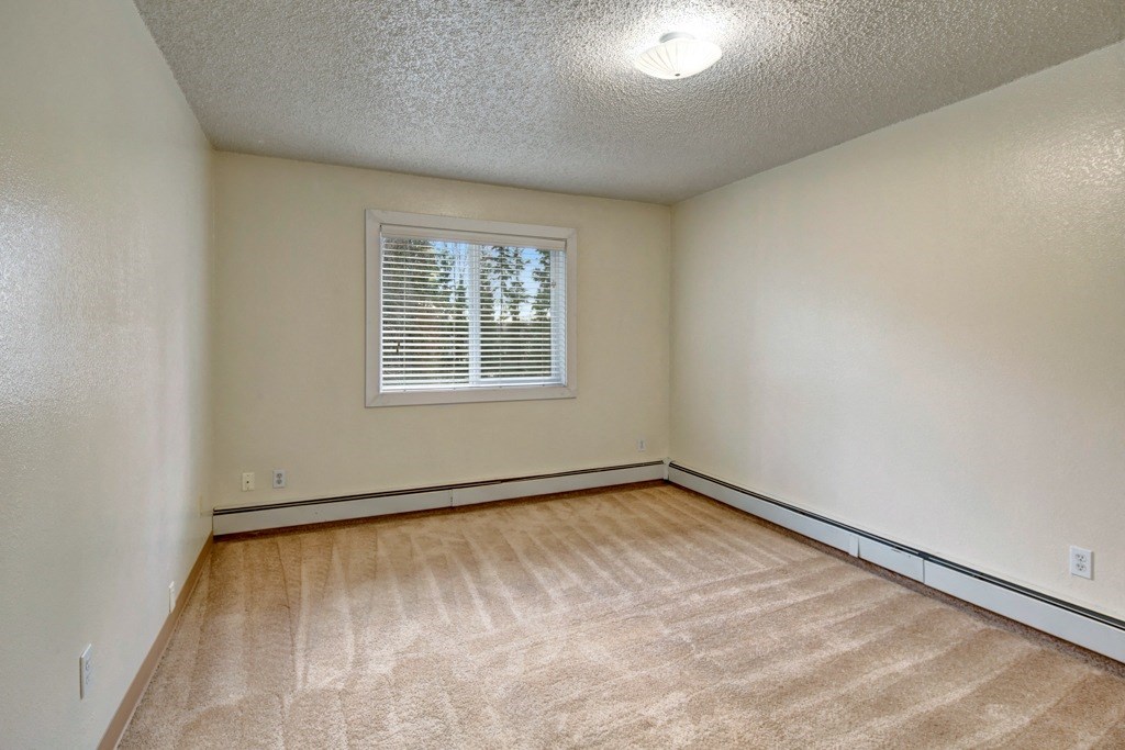Empty bedroom here at Quiet Creek Apartments with beige carpet and cream walls, featuring a single window with closed blinds. Overhead light fixture brightens the cozy, minimal space.