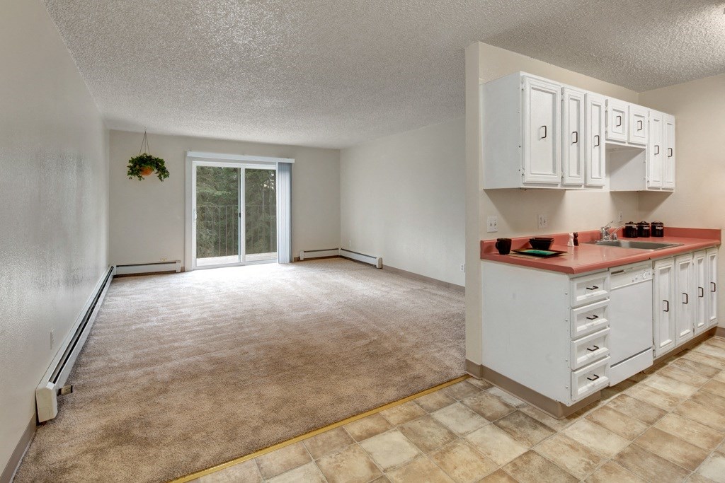 Spacious living room and kitchen area here at Quiet Creek Apartments blend seamlessly. Room is carpeted, lit by natural light from a glass door. White cabinets add brightness.