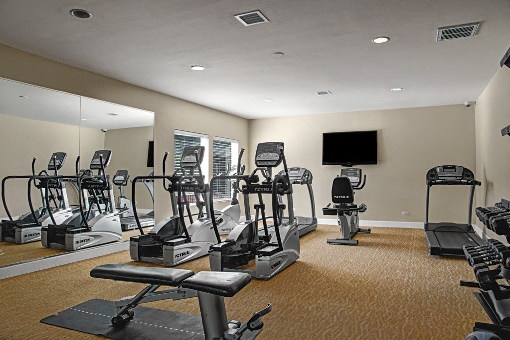 a gym with cardio equipment and a flat screen tv