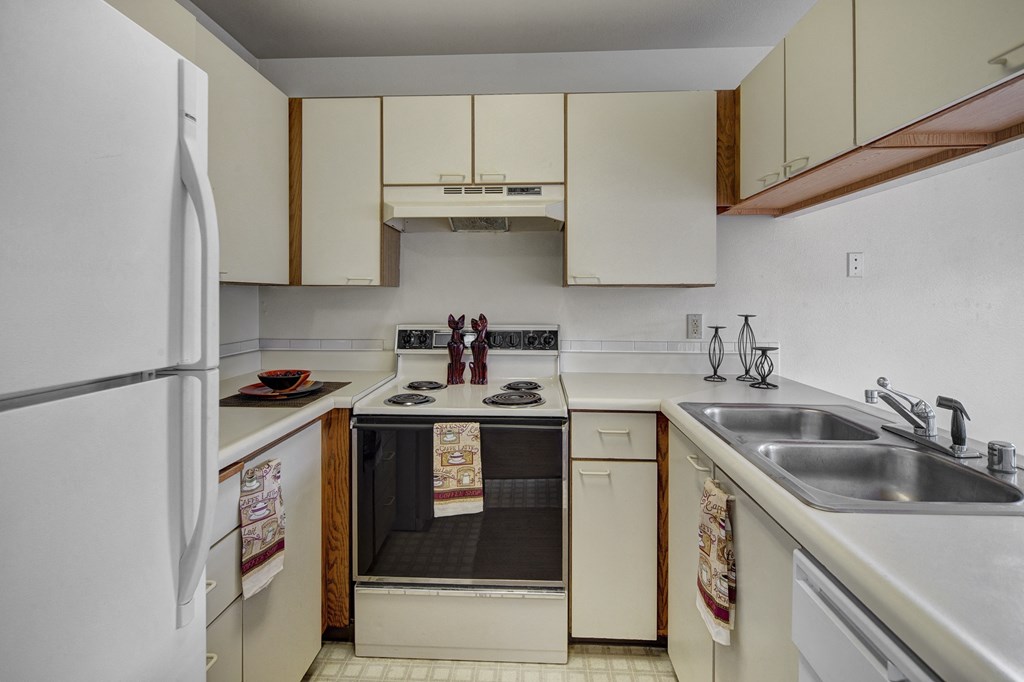 Compact kitchen here at Silverr Ridge Apartments with white cabinets and countertops, electric stove, refrigerator, and double sink. Decorative towels and figurines add warmth.