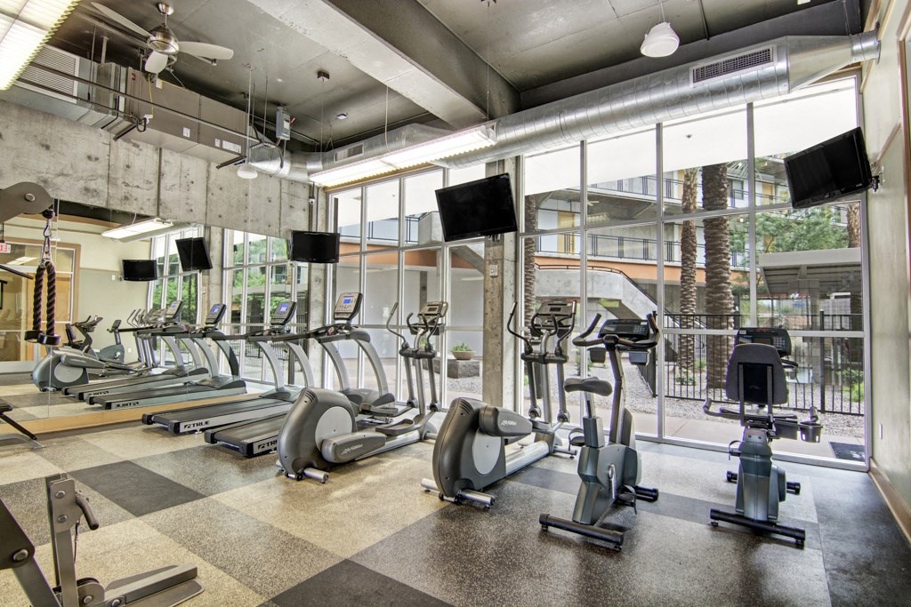 Modern gym here at Skyline Lofts Apartments with treadmills and exercise bikes facing large windows. Natural light and neutral tones create an open, inviting atmosphere.