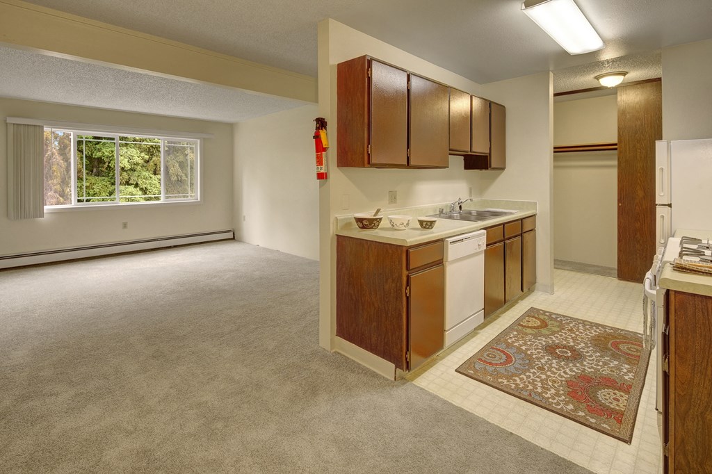Cozy apartment interior here at Taiga Apartments with beige carpet and a bright, airy feel. Kitchen has wooden cabinets, a colorful rug, natural light from a large window.