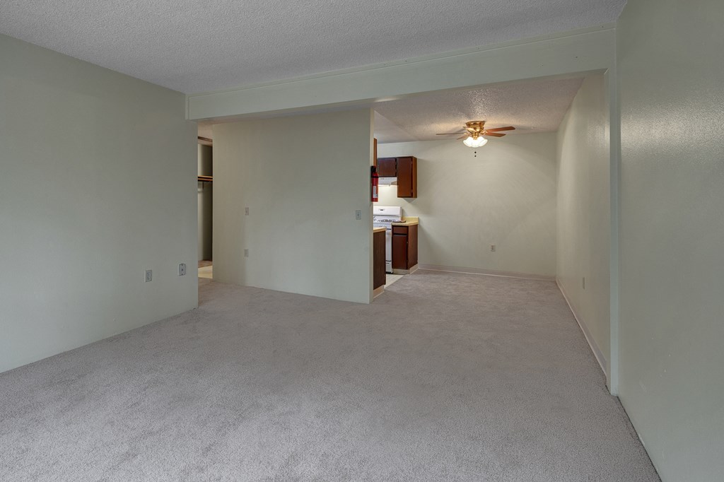 Simple, empty living room with light gray carpet, pale green walls, and a small kitchen in the back. Warm, neutral lighting gives a cozy feel.