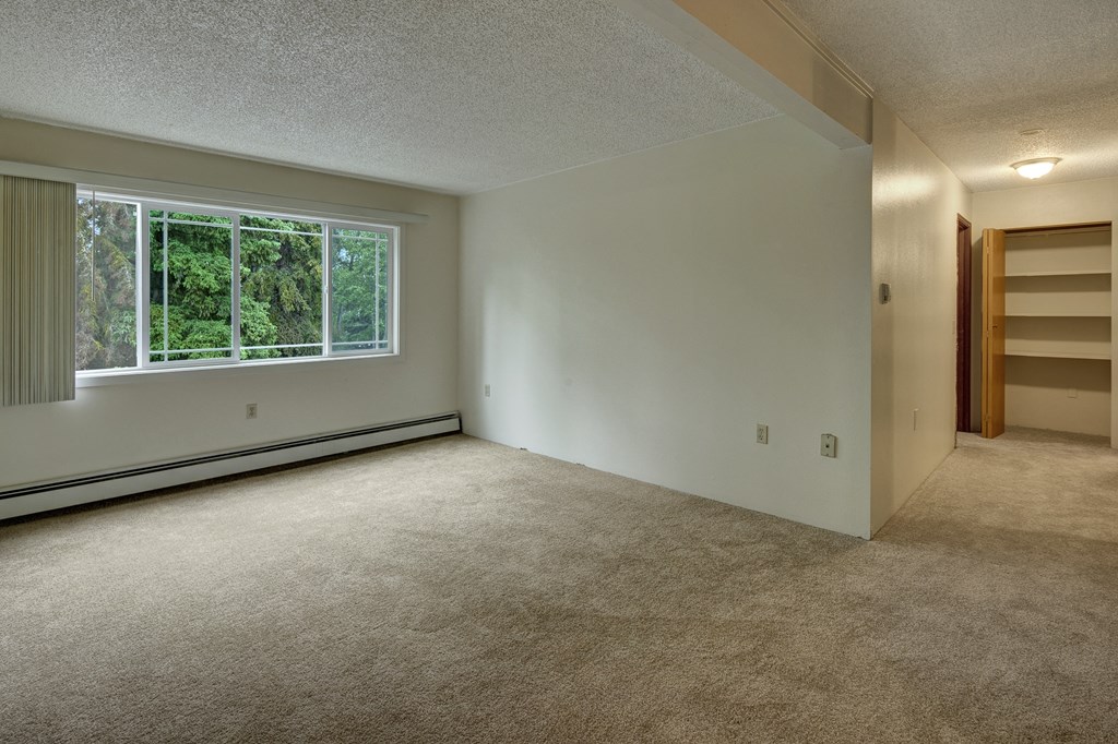 An empty room here at Taiga Apartments with beige carpet and white walls features a large window showing green trees outside. A hallway with shelves is on the right, under soft lighting.